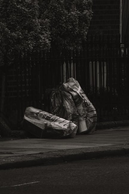 A pile of mixed rubbish and waste materials sits on an asphalt surface next to a low stone wall. The pile includes black plastic rubbish bags, a yellow plastic container, a discarded car tire, and various loose debris such as paper, plastic, and packaging. The waste appears to be a combination of household refuse and miscellaneous debris, with some items partially crushed or torn. In the background, there is a tall metal post and overhead power lines, along with a hedge and a structure with a curved, semi-transparent roof, suggesting an outdoor or semi-urban setting. The scene is illuminated by natural daylight, with a clear blue sky overhead, indicating daytime conditions. This image reflects an on-site waste collection scenario, possible prior to professional rubbish removal, illustrating the importance of proper disposal handled by services like those offered by [COMPANY_NAME].